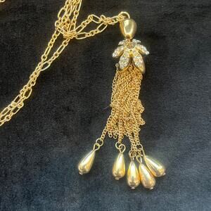 Vintage Gold-toned Tassel Necklace - Rhinestone Embellishment & Golden Teardrops